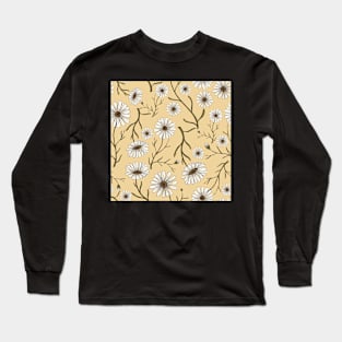 White Daisy Flower Pattern on Wheat Yellow Background Long Sleeve T-Shirt